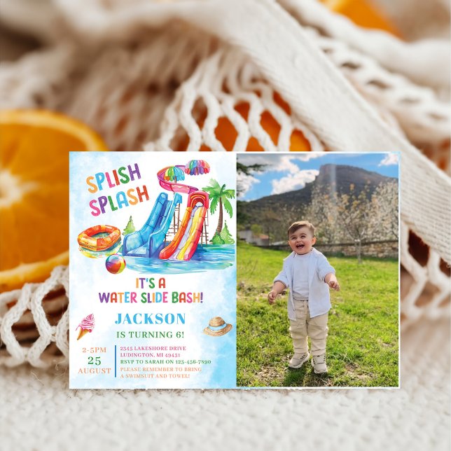 Water Slide Splish Splash Birthday Party Photo Invitation (Creator Uploaded)