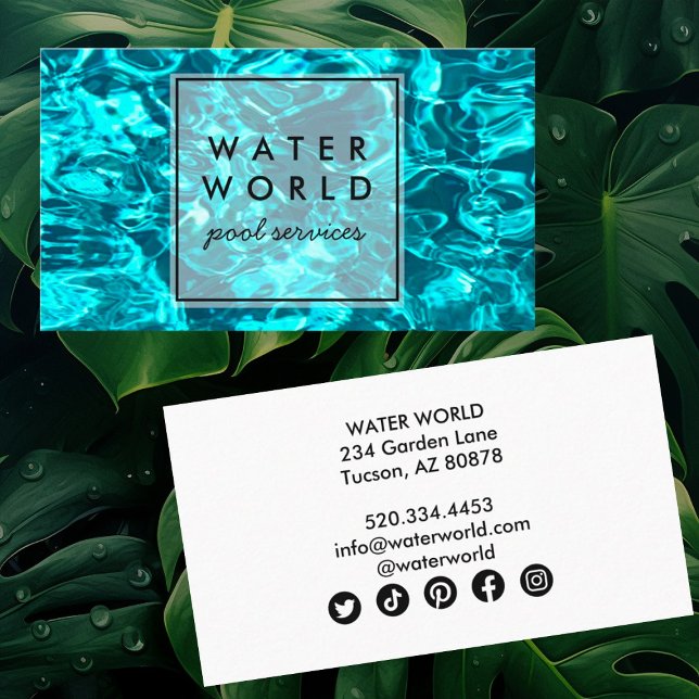 Water Sparkles Swimming Pool Service Photo Travel Business Card (Sparkling pool custom photography business card with social media icons)