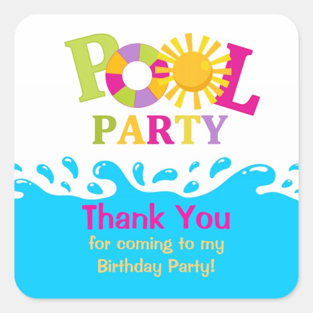 Water Splash Girl Pool Party Thank You Sticker (Front)