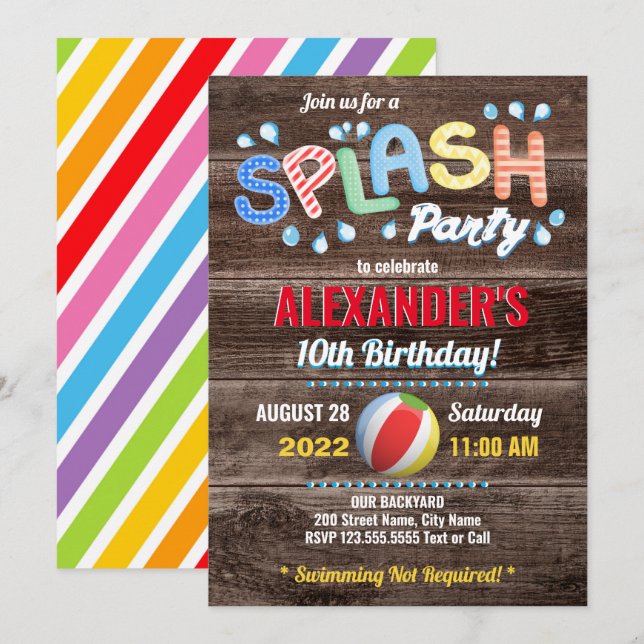 Water Splash Kids Summer Party Invitation (Front/Back)