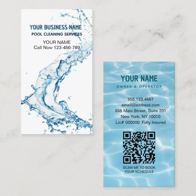 Water Splash Pool Cleaning Service Business Card (Front/Back)