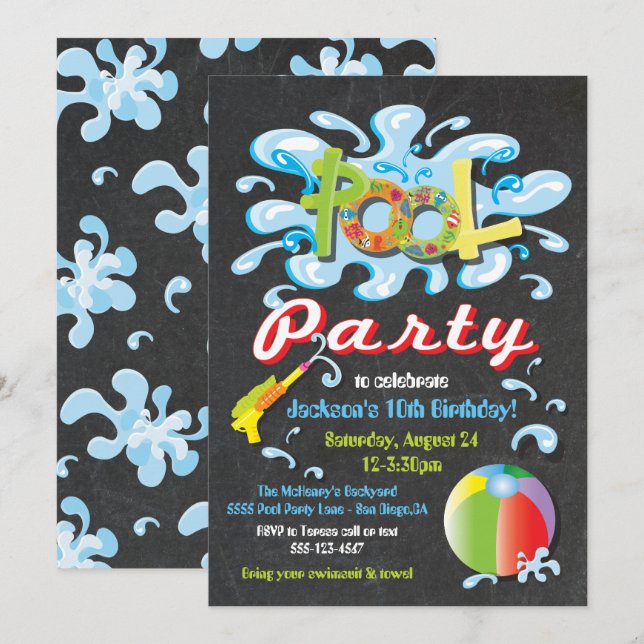 Water splash Pool Party Birthday invitations (Front/Back)