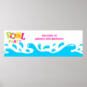 Water Splash Pool Party Girl Birthday Banner Poster