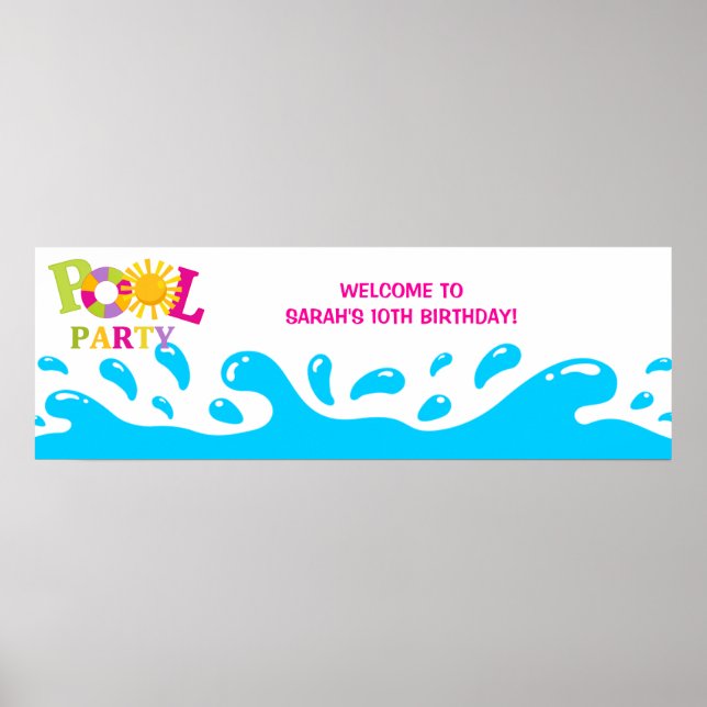 Water Splash Pool Party Girl Birthday Banner Poster (Front)