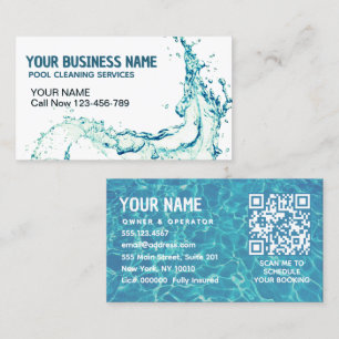 Water Splash QR Code Pool Cleaning Service  Business Card