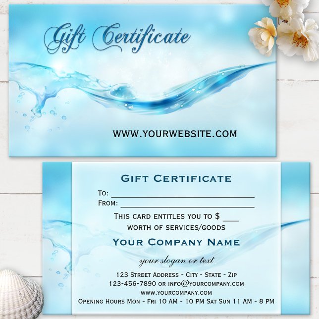 Water Splash Spa Gift Certificate (Elegant blue turquoise water splash gift certificate with subtle sparkling bokeh effects)