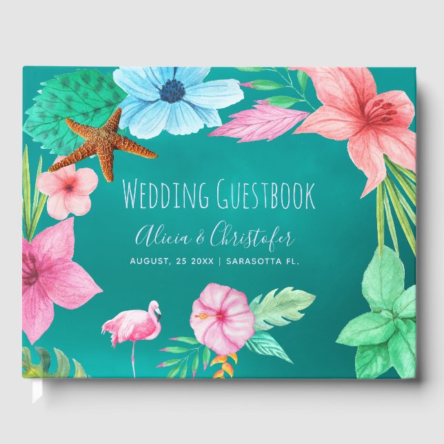 Water teal luau floral tropical wreath wedding guest book (Front)
