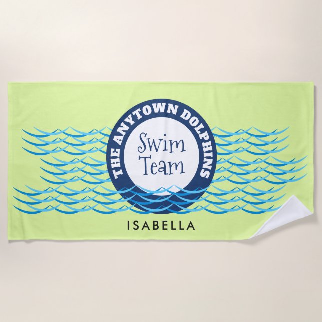 Water Waves Swim Team Personalised Beach Towel (Front)