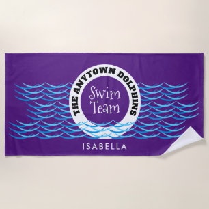 Water Waves Swim Team Personalised Purple Beach Towel