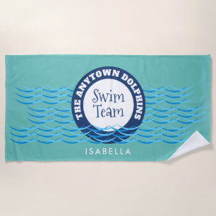 Water Waves Swim Team Personalised Teal Beach Towel