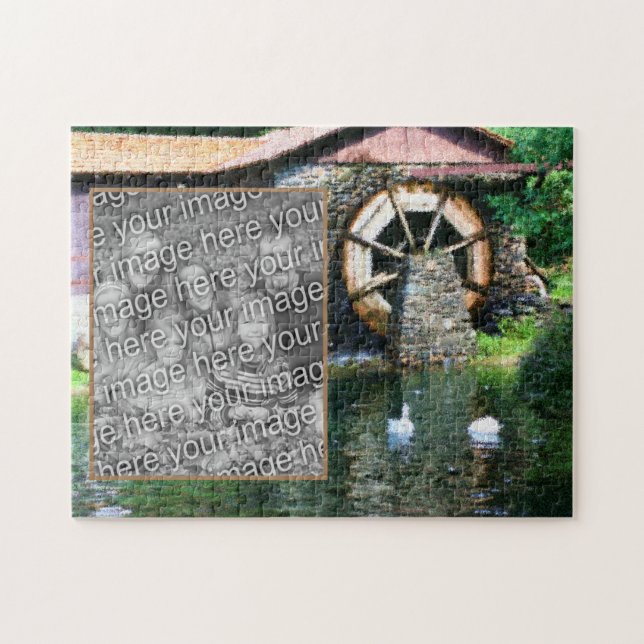 Water Wheel Duck Pond Painting Add Your Photo Jigsaw Puzzle (Horizontal)