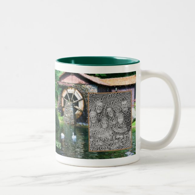 Water Wheel Duck Pond Painting Add Your Photo Two-Tone Coffee Mug (Right)