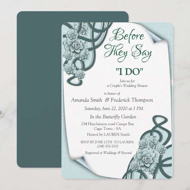 Water-wise Succulents in Mint blue to Pine Green Invitation (Front/Back)