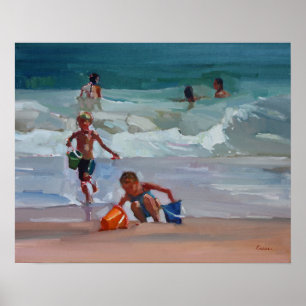 Water Works - Children Playing at the Beach Poster