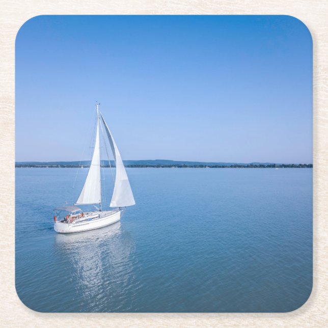 Water | Yacht at Lake Balaton Lake Hungary Square Paper Coaster (Front)