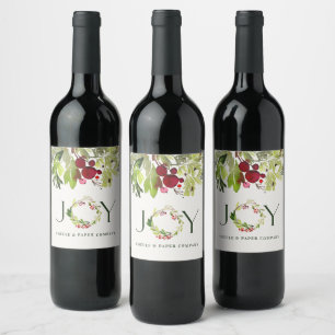 Waterbottle foliage joy wreath corporate holiday wine label