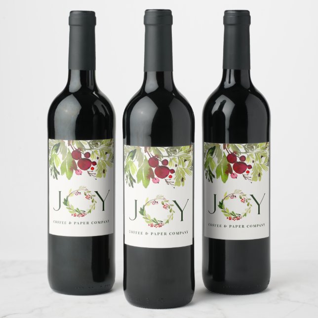 Waterbottle foliage joy wreath corporate holiday wine label (Bottles)