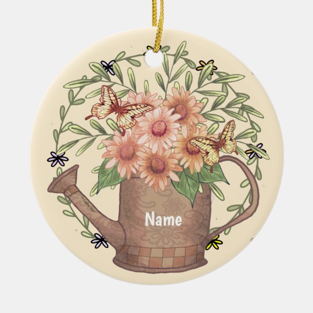 Watercan Pink Daisy  Ceramic Tree Decoration (Front)