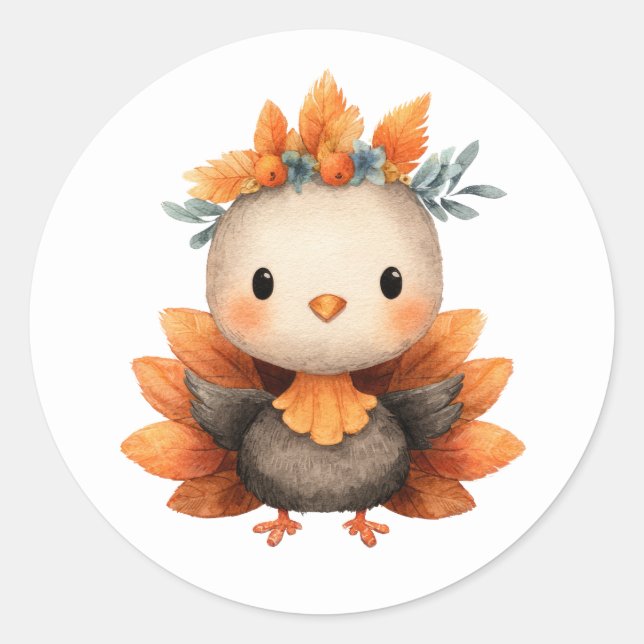  Waterccolor Thankgiving Cute Little Turkey Classic Round Sticker (Front)
