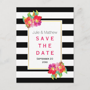 Waterclor flowers & stripes wedding Save the Date Announcement Postcard