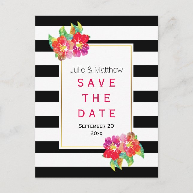 Waterclor flowers & stripes wedding Save the Date Announcement Postcard (Front)