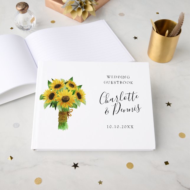waterclor sunflower bouquet wedding guest book (Front Open)
