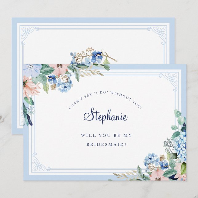 Watercol Floral Blue Pink Elegant Bridesmaid Invitation (Front/Back)