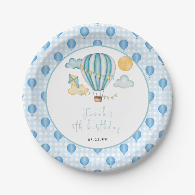 Watercolo Hot Air Balloon Kid 5th Birthday Party  Paper Plate (Front)