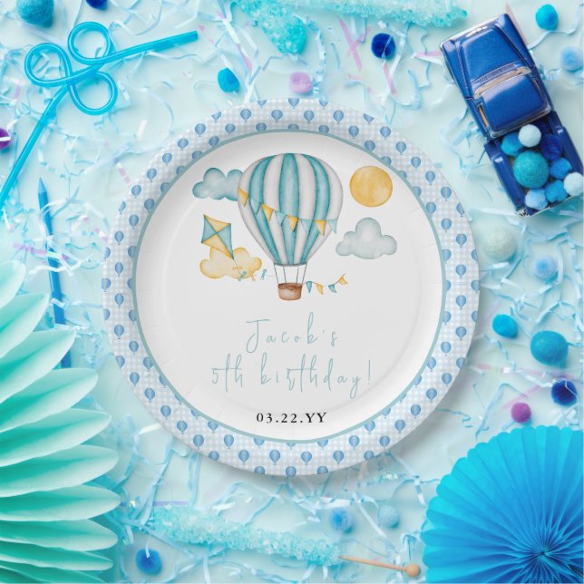 Watercolo Hot Air Balloon Kid 5th Birthday Party  Paper Plate (Party)