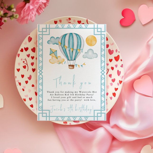 Watercolo Hot Air Balloon Kid 5th Birthday Party  Thank You Card (Creator Uploaded)