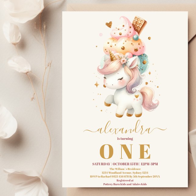 Watercolo Ice Cream  Unicorn 1st Birthday Pastel Invitation (Creator Uploaded)