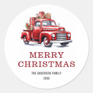 Watercolo Merry Christmas Red Truck Gifts Family Classic Round Sticker