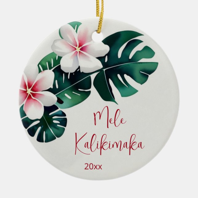 Watercolo Tropical Mele Kalikimaka | Family Photo  Ceramic Tree Decoration (Front)