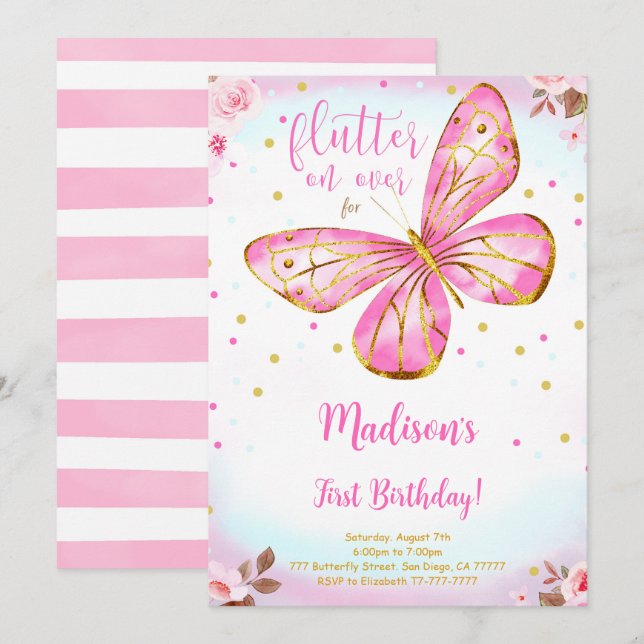 Watercolor 1st Birthday Butterfly Invitation (Front/Back)