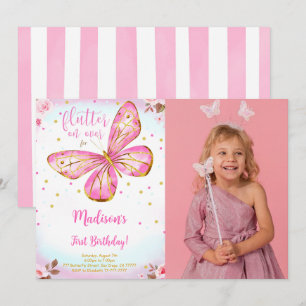 Watercolor 1st Birthday Butterfly Photo Invitation