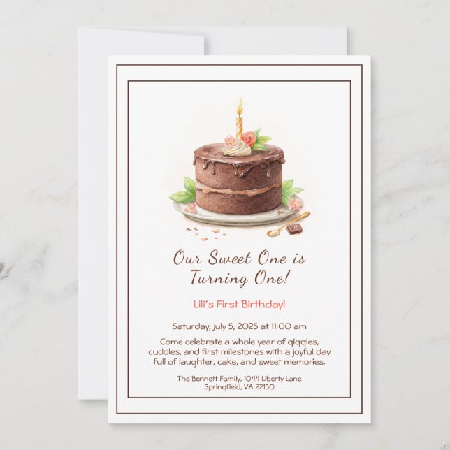 Watercolor 1st Birthday Invitation - Cake chocolat (Front)