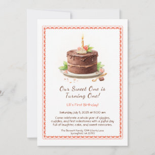 Watercolor 1st Birthday Invitation - Cake chocolat