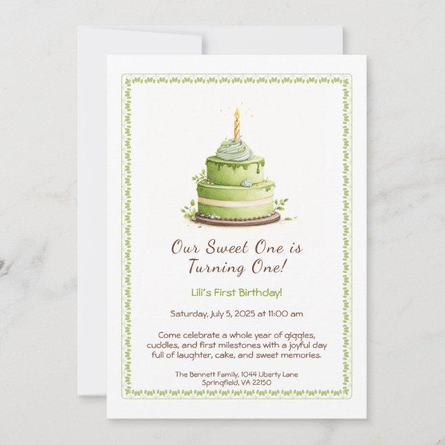 Watercolor 1st Birthday Invitation - Cake green (Front)