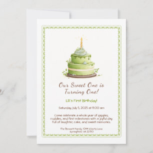 Watercolor 1st Birthday Invitation - Cake green