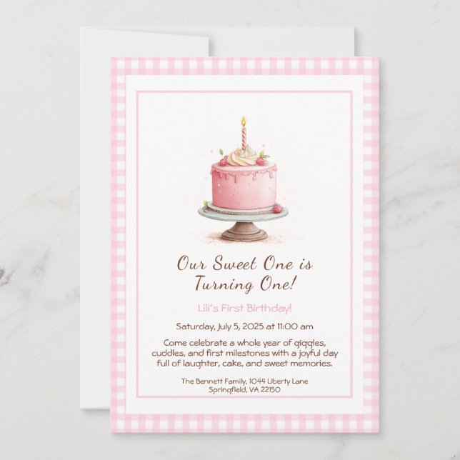 Watercolor 1st Birthday Invitation - Cake pink (Front)