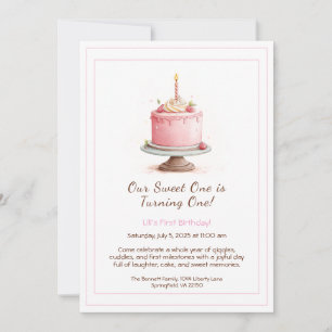 Watercolor 1st Birthday Invitation - Cake pink