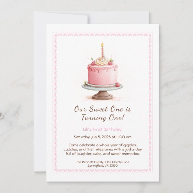 Watercolor 1st Birthday Invitation - Cake pink (Front)