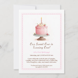 Watercolor 1st Birthday Invitation - Cake pink