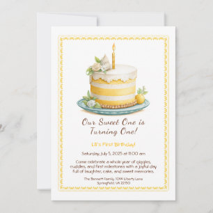 Watercolor 1st Birthday Invitation - Cake yellow