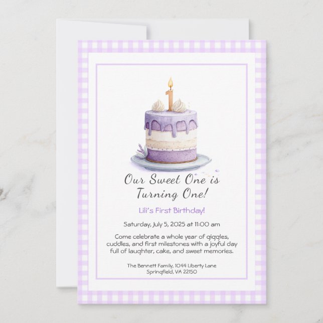 Watercolor 1st Birthday Invitation with Cake lilac (Front)