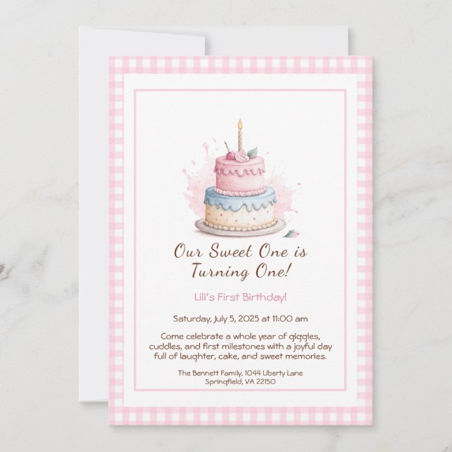 Watercolor 1st Birthday Invitation with Cake pink (Front)