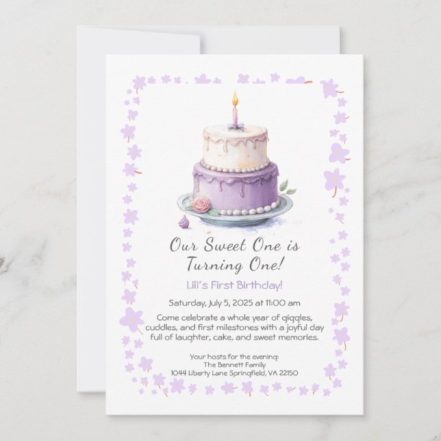 Watercolor 1st Birthday Invitation with lilac cake (Front)