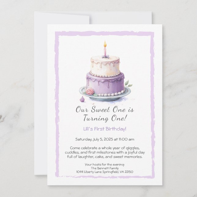 Watercolor 1st Birthday Invitation with lilac cake (Front)