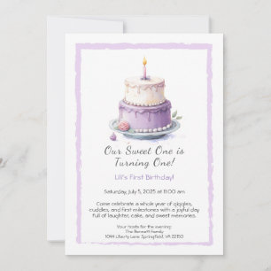 Watercolor 1st Birthday Invitation with lilac cake