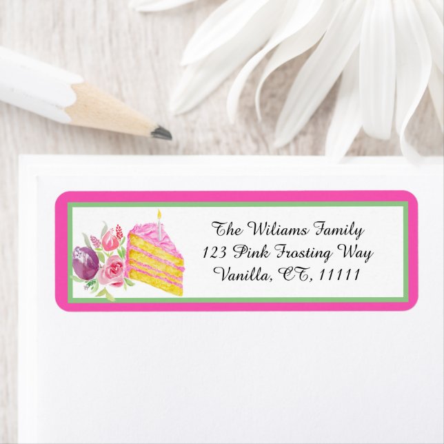 Watercolor 1st Pink Birthday Cake Address Labels (Insitu)
